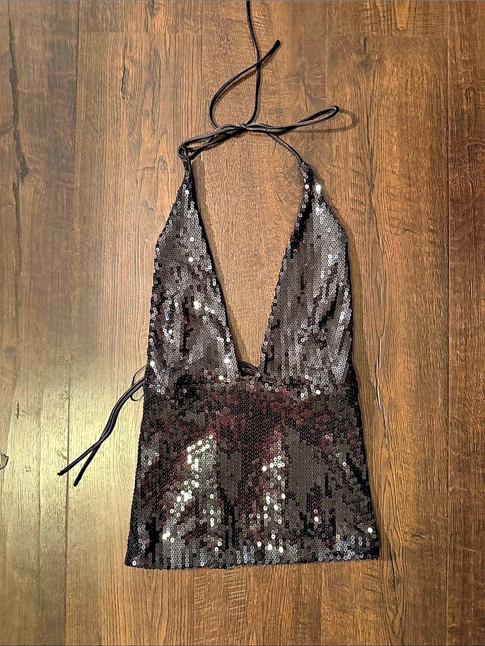 Black Sequin Halter Tie Crop Top